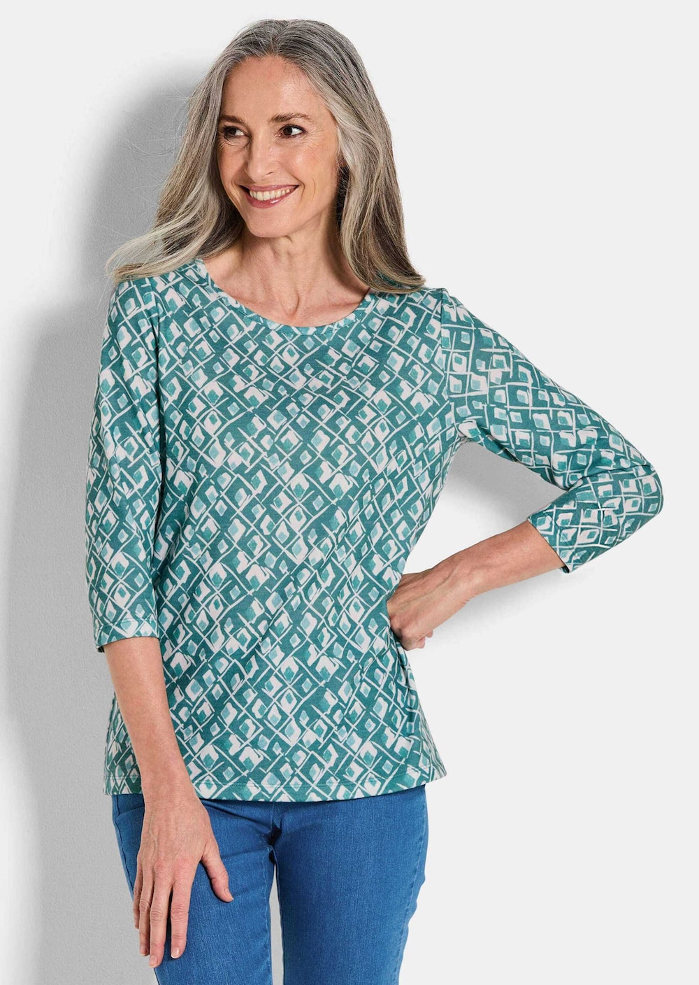 Große Größen Halbarm Viskoseshirt im Allover-Design, Damen, grau, Größe: 44, Polyester/Viskose, Happy Size DE Women von GOLDNER