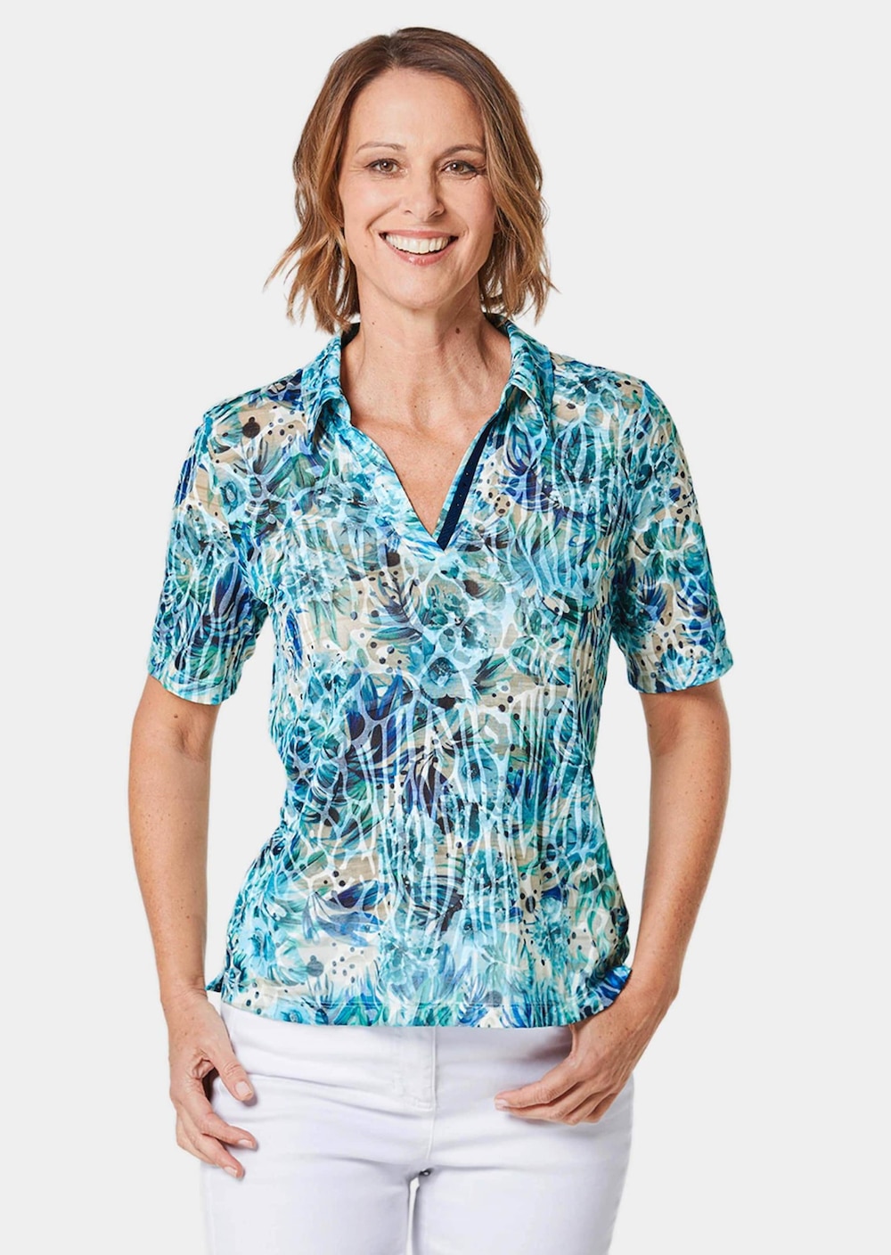 Große Größen Hautangenehmes Druck-Poloshirt, Damen, türkis, Größe: 23, Polyester/Viskose, Happy Size Women Große Größen Hautangenehmes Druck-Poloshirt, Damen, türkis, Größe: 23, Polyester/Viskose, Happy Size Women von GOLDNER