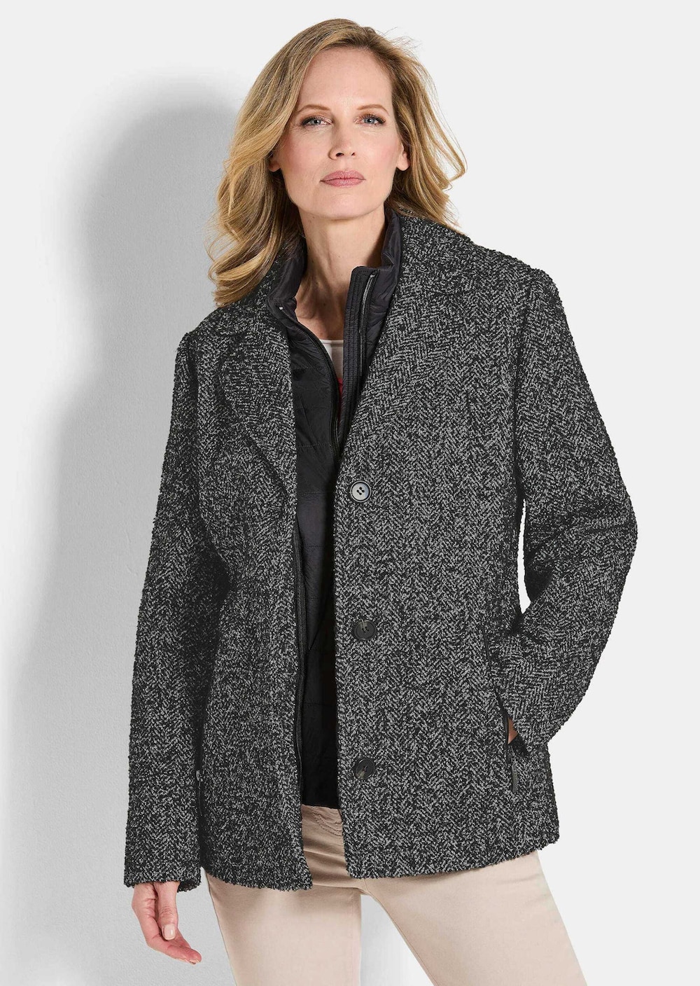 Große Größen Moderne Wolljacke mit Steppeinsatz, Damen, schwarz, Größe: 50, Polyester/Synthetische Fasern/Wolle, Happy Size DE Women von GOLDNER