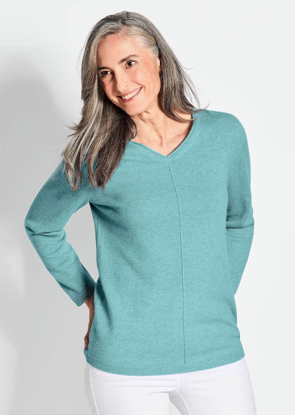 Große Größen Basicpullover mit V-Ausschnitt, Damen, türkis, Größe: 46, Wolle, Happy Size DE Women von GOLDNER