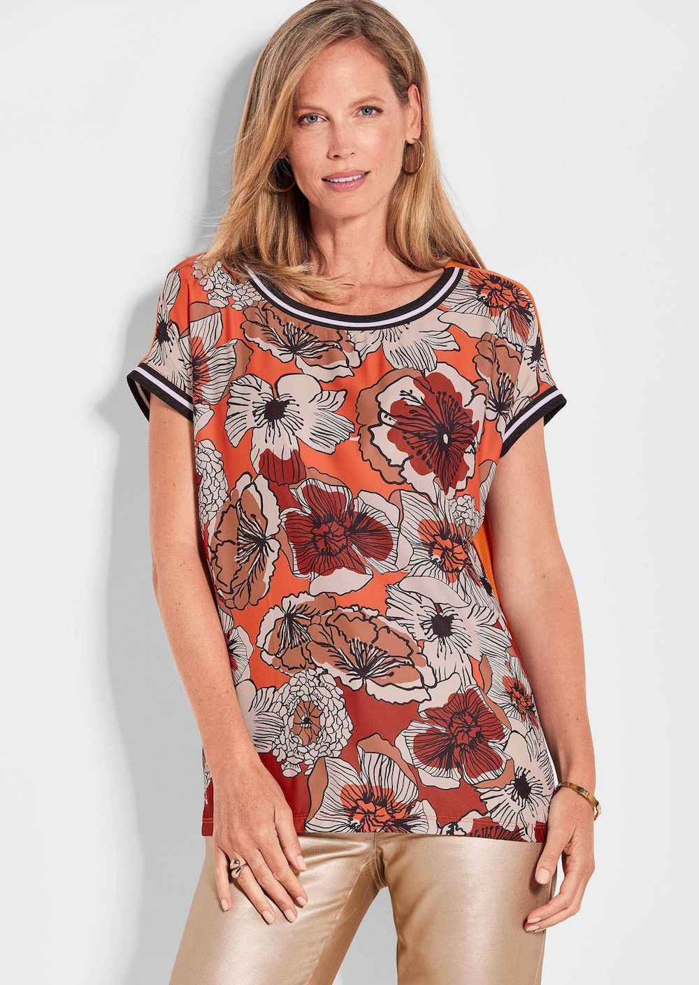 Große Größen Kurzarm Oberteil mit floralem Design, Damen, orange, Größe: 22, Polyester/Viskose, Happy Size DE Women von GOLDNER