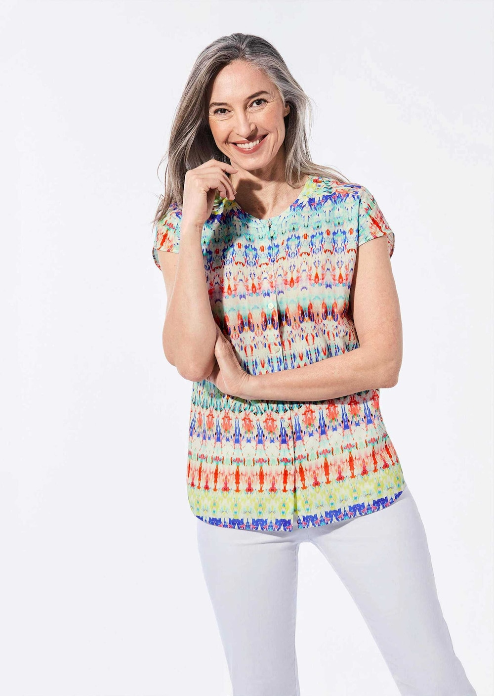 Große Größen Kurzarm multicolor Printbluse, Damen, grau, Größe: 25, Viskose, Happy Size DE Women von GOLDNER