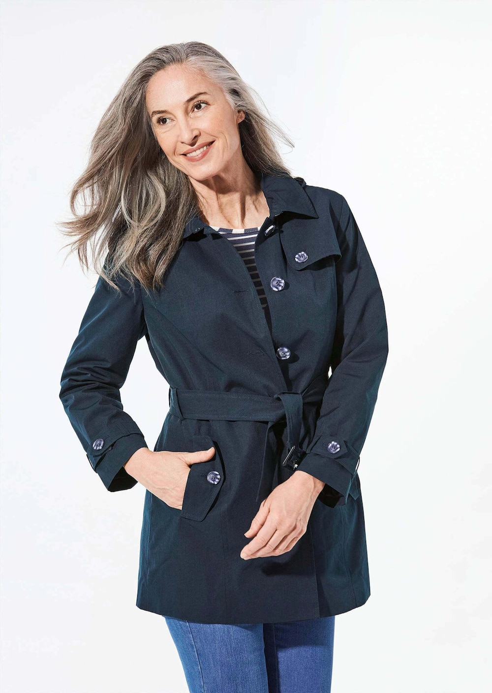 Große Größen Kurzmantel im Trenchcoat-Stil, Damen, grau, Größe: 25, Polyester/Baumwolle, Happy Size DE Women von GOLDNER
