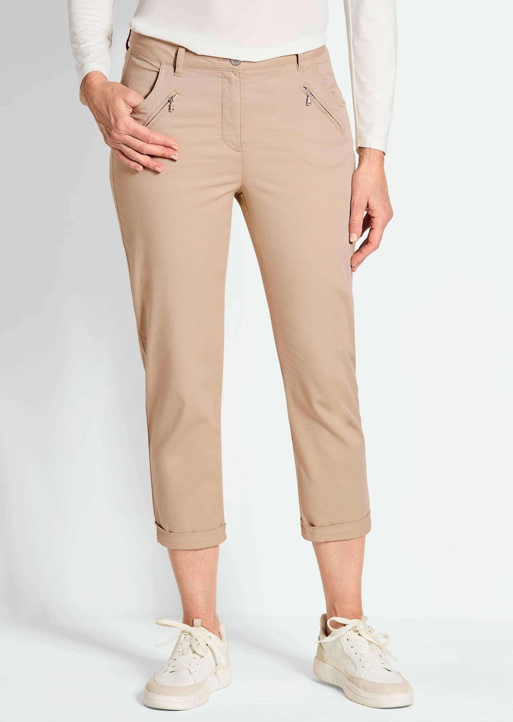Große Größen Lässige Chinohose mit Peach-Finish, Damen, beige, Größe: 21, Baumwolle, Happy Size DE Women von GOLDNER