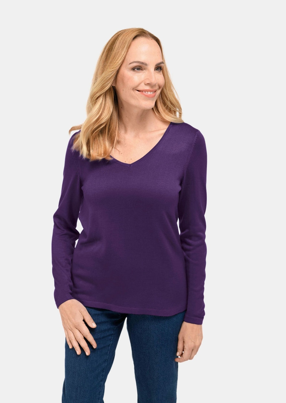 Große Größen Langarm-Pullover mit V-Ausschnitt, Damen, lila, Größe: 21, Synthetische Fasern, Happy Size DE Women von GOLDNER
