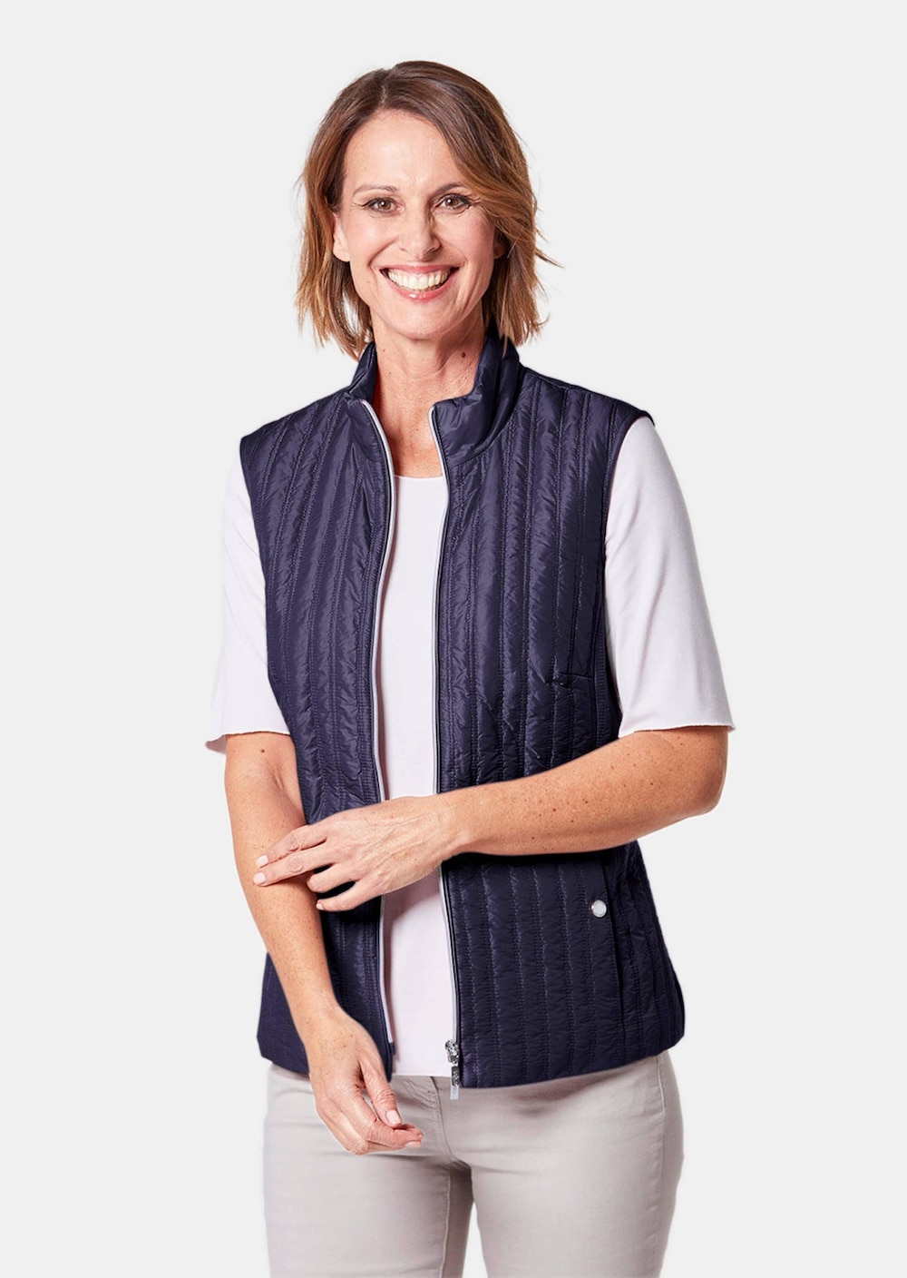 Große Größen Leichte Steppweste mit Stehkragen, Damen, grau, Größe: 44, Synthetische Fasern, Happy Size DE Women von GOLDNER