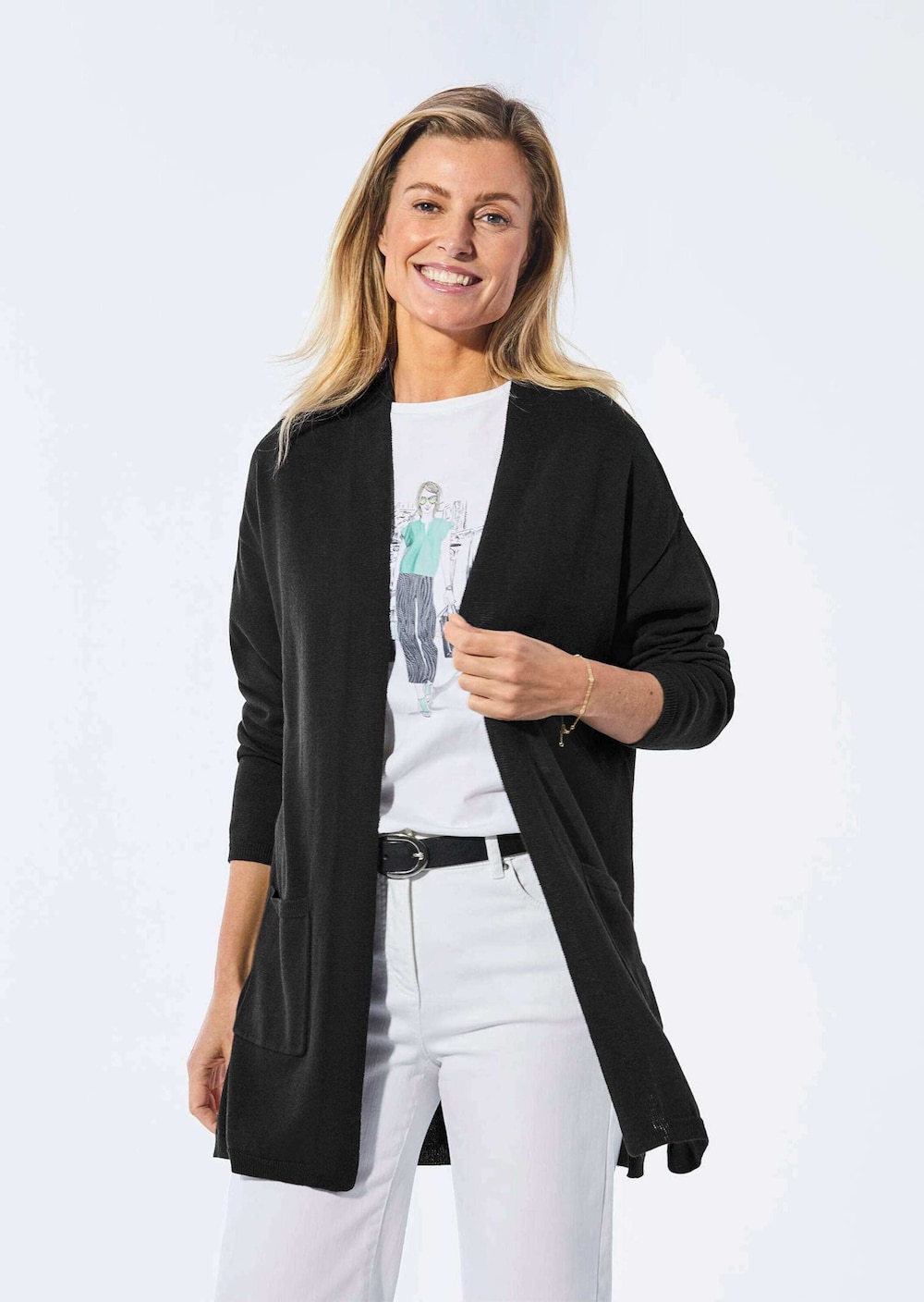 Große Größen Longstrickjacke mit aufgesetzten Taschen, Damen, schwarz, Größe: 42, Viskose/Baumwolle, Happy Size Women von GOLDNER