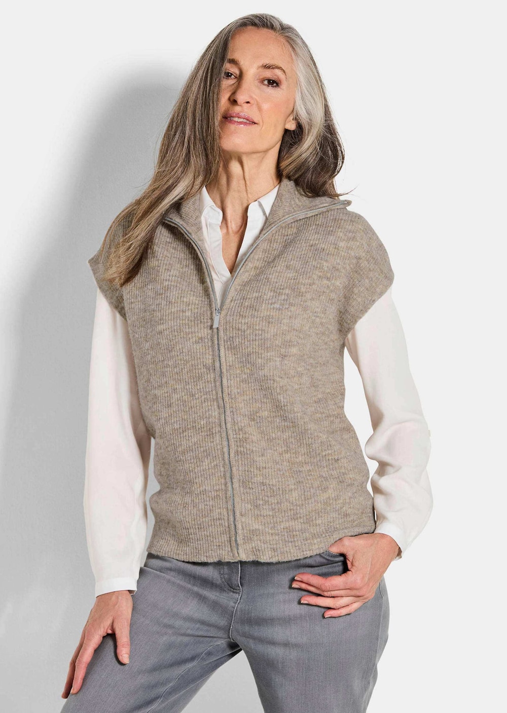 Große Größen Melierte Weste mit Reißverschluss, Damen, braun, Größe: 22, Polyester/Synthetische Fasern, Happy Size DE Women von GOLDNER