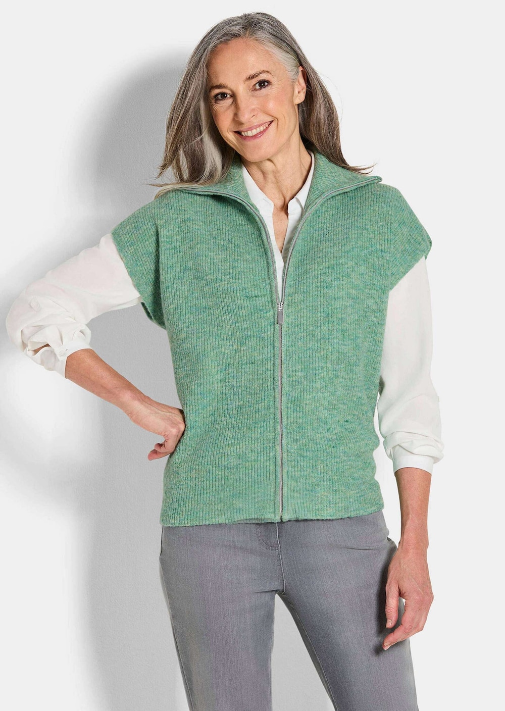 Große Größen Melierte Weste mit Reißverschluss, Damen, grün, Größe: 22, Polyester/Synthetische Fasern, Happy Size DE Women von GOLDNER