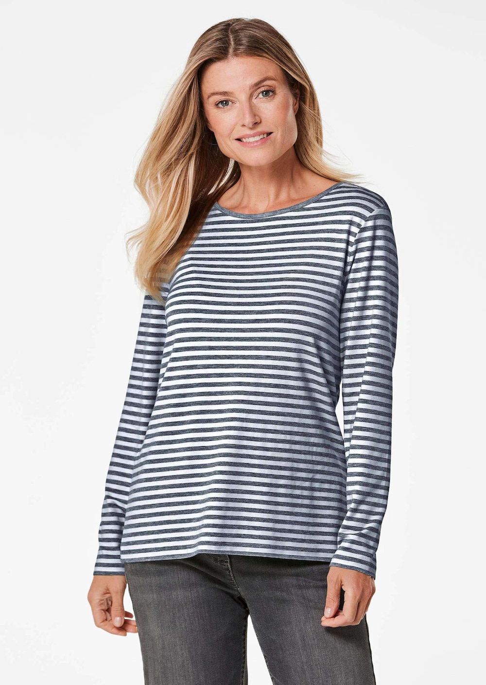 Große Größen Ringelshirt mit U-Boot-Ausschnitt, Damen, grau, Größe: 50, Viskose, Happy Size DE Women von GOLDNER