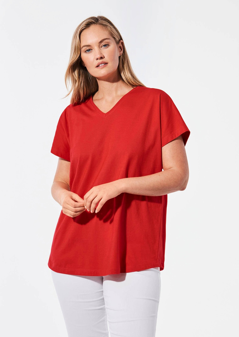 Große Größen Shirt mit V-Ausschnitt, Damen, rot, Größe: 54/56, Baumwolle, Happy Size DE Women von GOLDNER