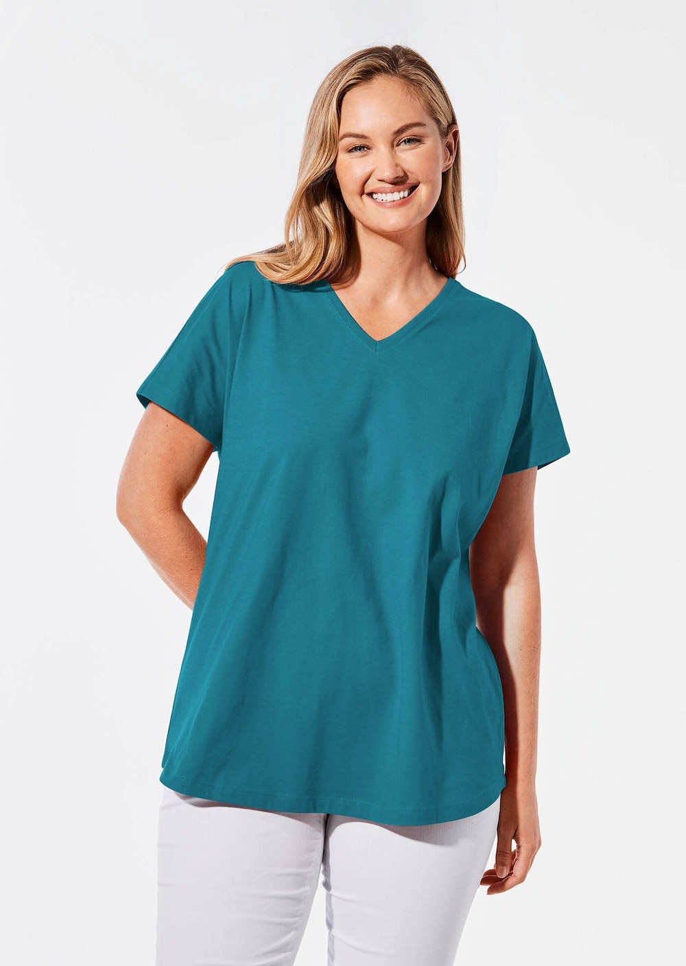 Große Größen Shirt mit V-Ausschnitt, Damen, türkis, Größe: 54/56, Baumwolle, Happy Size DE Women von GOLDNER
