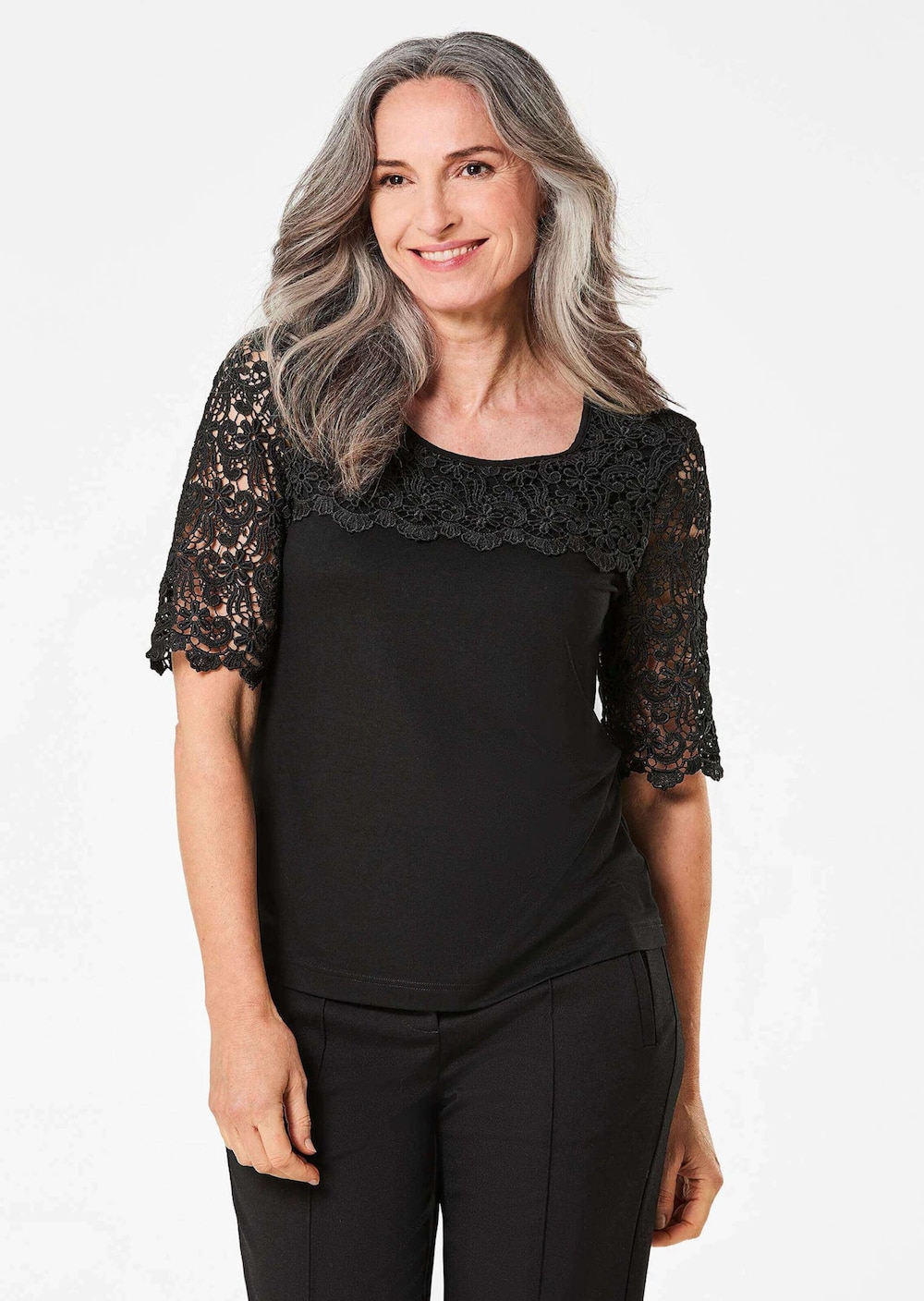 Große Größen Viskose-Blusenshirt mit Spitze, Damen, schwarz, Größe: 46, Polyester/Viskose, Happy Size DE Women von GOLDNER