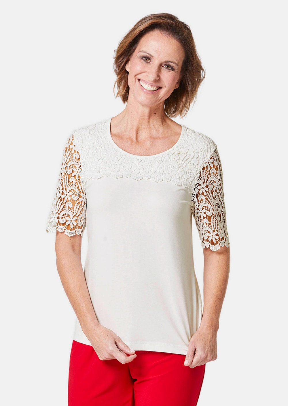 Große Größen Shirt mit effektvoller Spitze, Damen, weiß, Größe: 42, Polyester/Viskose, Happy Size Women Große Größen Shirt mit effektvoller Spitze, Damen, weiß, Größe: 42, Polyester/Viskose, Happy Size Women von GOLDNER
