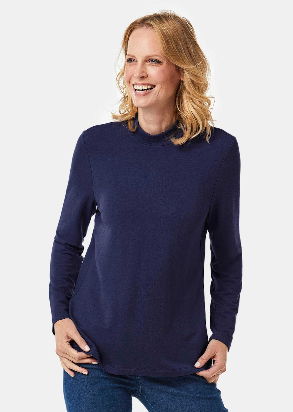 Große Größen Stehkragenshirt mit Langarm, Damen, grau, Größe: 48, Synthetische Fasern, Happy Size DE Women von GOLDNER