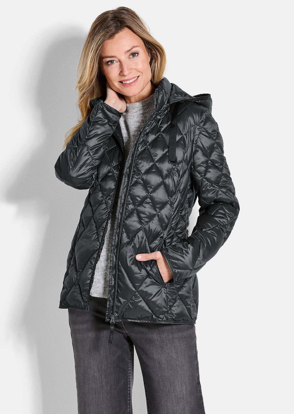 Große Größen Steppjacke mit Rautenmuster, Damen, grau, Größe: 46, Polyester/Synthetische Fasern, Happy Size DE Women von GOLDNER