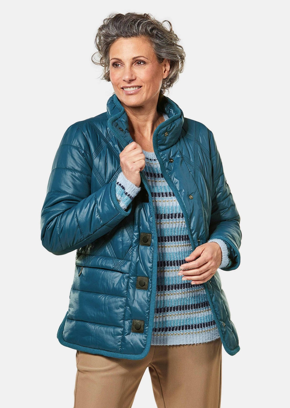 Große Größen Steppjacke mit dekorativen Druckknöpfen, Damen, türkis, Größe: 46, Polyester/Synthetische Fasern, Happy Size DE Women von GOLDNER