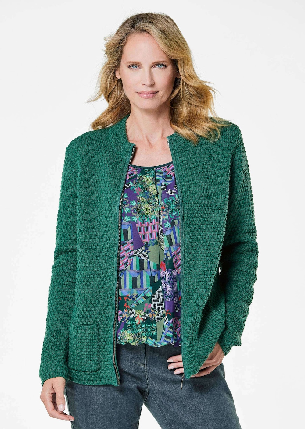 Große Größen Elegante Wolljacke mit Noppenstruktur, Damen, grün, Größe: 46, Synthetische Fasern/Wolle, Happy Size DE Women von GOLDNER