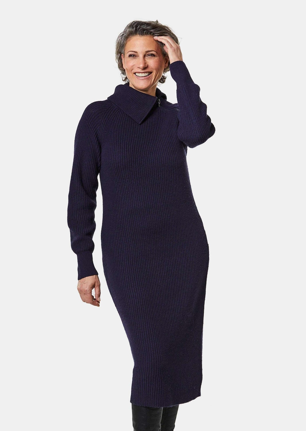 Große Größen Strickkleid mit asymmetrischem Kragen, Damen, grau, Größe: 23, Synthetische Fasern/Wolle, Happy Size DE Women von GOLDNER