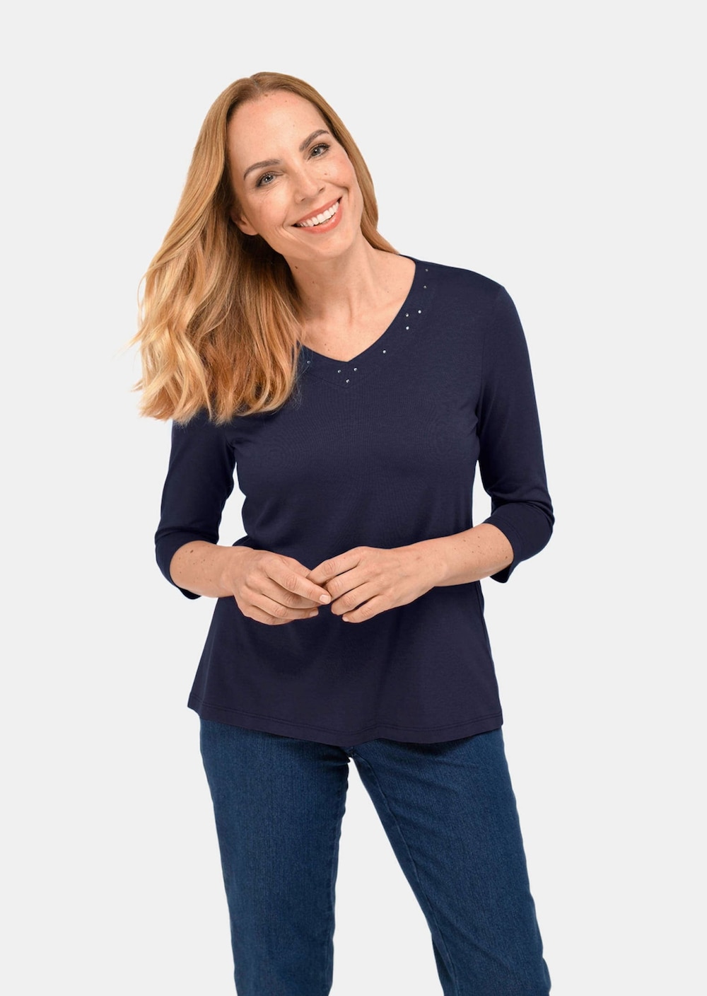 Große Größen T-Shirt mit Ausschnitt und Steinchen, Damen, grau, Größe: 21, Baumwolle, Happy Size DE Women von GOLDNER