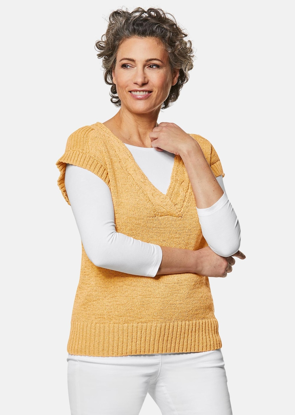 Große Größen Trageangenehmer Pullunder mit modischem Ausschnitt, Damen, gelb, Größe: 54, Polyester/Baumwolle, Happy Size DE Women von GOLDNER