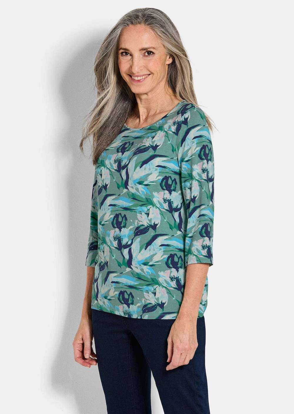 Große Größen Viskoseshirt floral, Damen, grau, Größe: 24, Viskose, Happy Size DE Women von GOLDNER