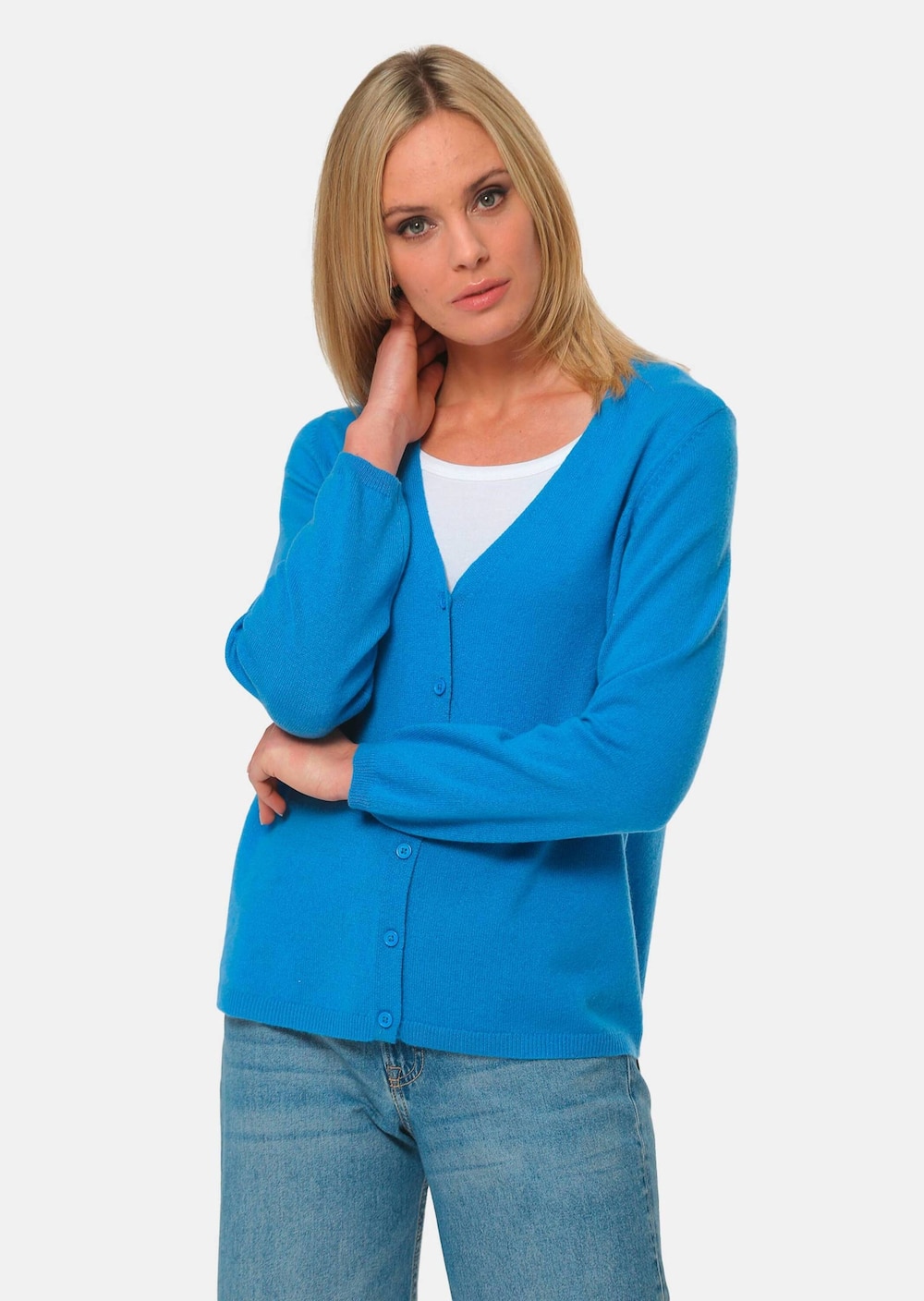 Große Größen Weiche Kaschmirstrickjacke mit V-Ausschnitt, Damen, blau, Größe: 50, Wolle, Happy Size DE Women von GOLDNER