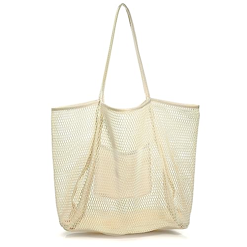 GOLDNICE Mesh Strand Tote Bag für Damen, Frauen Strandtasche, Boho Shopper Beach Bag Große Kapazität Schulter Handtaschen Pool Moderne Badetasche Tasche für Shopping Picknick Reise, Beige von GOLDNICE