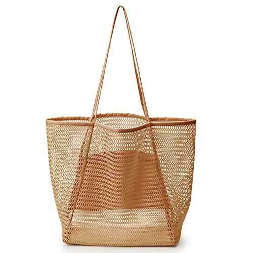 GOLDNICE Mesh Strand Tote Bag für Damen, Frauen Strandtasche, Boho Shopper Beach Bag Große Kapazität Schulter Handtaschen Pool Moderne Badetasche Tasche für Shopping Picknick Reise, Khaki von GOLDNICE