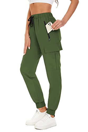 GOLDPKF Wanderhose Hose Damen Jogginghose Damen Bequeme High Waist Leichte Sommerhose Schnell Trocken LäSsige Hose Mit Gummizug Treggings Damen Hose Mit Seitentaschen Armeegrün von GOLDPKF