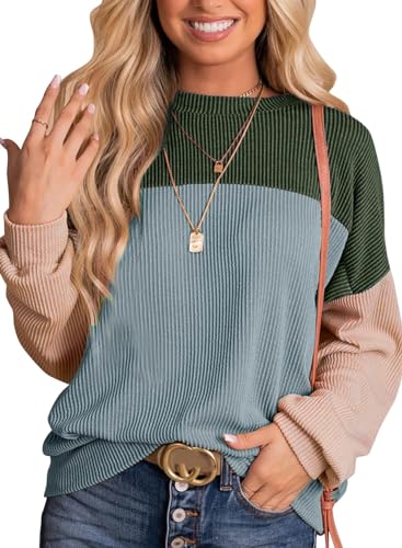 GOLDPKF Damen Langarmshirt Knöpfe Rundhalsausschnitt Einfarbig Stretch elegant Tshirt Longsleeve Sweatshirt Tops Frauen Kleidung Winter Damen Colourblocked Fashion Oberteile Grün blau Mittel von GOLDPKF