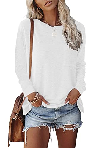 GOLDPKF Damen Mode Einfarbige Basic Langarmshirt Damen Tshirt Elegant Tshirt Damen Langarm Weiß L 44-46 von GOLDPKF