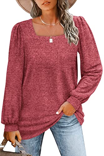 GOLDPKF Damen Pullover Basic Langarmshirt Mode Damen Tshirt Elegant Shirt Damen U-Kragen Blusen Rippshirt Einfarbige Oberteil Langarm Rot XXL von GOLDPKF