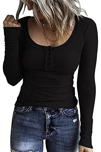 GOLDPKF Damen Pullover Elegant Tshirts Damen Langarmshirt Damen Elasthan U Ausschnitt Knopfleiste Rippshirt Damen Langarm Oberteil Langarm Schwarz Groß von GOLDPKF