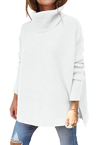 GOLDPKF Damen Pullover Rollkragenpullover Damen locker Langarm Strickpullover Dicke Pullover Damen elegant Winter Oversize warm Longpullover für Damen lässig Weiß von GOLDPKF