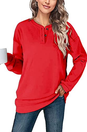 GOLDPKF Damen Pullover Sweatshirt Elegant Pullover Knopfleiste Langarmshirt Damen O-Neck Oberteil Damen Sweatshirt Ohne Kapuze Rot von GOLDPKF