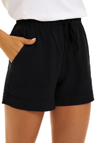 GOLDPKF Damen Shorts Sommer Kurze Hosen Lockere Leinen Shorts Für Frauen Mode Schwarz Kleine 38 von GOLDPKF