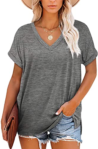 GOLDPKF Damen Sommerkleid T Shirt Basic V-Ausschnitt Kurzarm Damen Tshirt Pullover Damen Sport T-Shirt Split Saum Einfarbige T Shirts Tops Grau Groß L von GOLDPKF