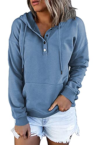 GOLDPKF Damen Sweatshirt Pullover Casual Langarmshirt Hoodie Oberteile Mit Knopfleiste Damen Rundhals Kaputzenpullis Oversize Einfarbig Shirt Oberteil Tops Marineblau M von GOLDPKF