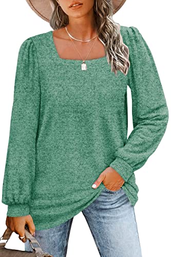 GOLDPKF Tshirt Damen U-Kragen Elegant Longsleeve Tshirts Beliebten Pullover Basic Einfarbig Bekleidung Damen Mode Oberteile Lässige Tops Grün M von GOLDPKF