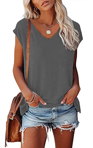 GOLDPKF Damen Tshirt Oberteile fledermausärmel einfarbige v-Ausschnitt lässig Kurzarm Split saum Basic Tops Sommerkleid Damen Grau X-Large von GOLDPKF