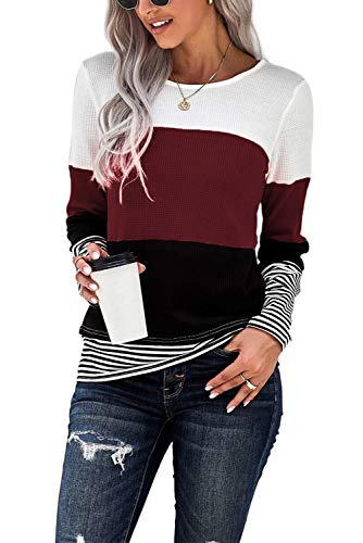 GOLDPKF Streifenshirt Oversize Damen Langarm Tshirt Slim Fit O Ausschnitt Bunt Oberteil Elegant Sexy Langarmshirt Modern Herbst Shirt Weinrot XXL 50-52 von GOLDPKF