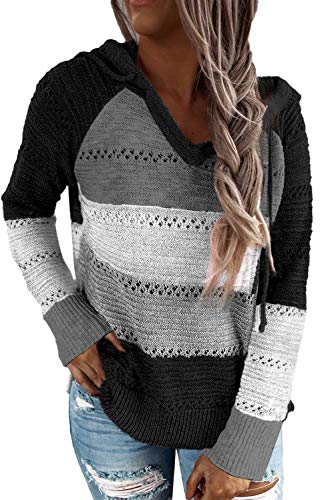 GOLDPKF Damenpullover Langarm Leicht Gestrickter Hoodie Damen Farbblock Kapuzenpullover Gestreift Hoodie Entspannt Sweatshirt mit Kapuze Lässiger Hohlpullover Schwarz S 36-38 von GOLDPKF