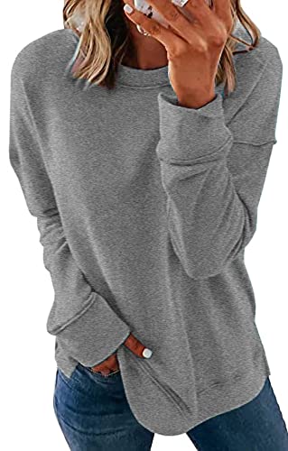 GOLDPKF Herbst Mode Sport Langarmshirt Damen Mode Einfacher Grundstil Damen Einfarbig Sweatshirt Casual Shirt Grau XL-48-50 von GOLDPKF