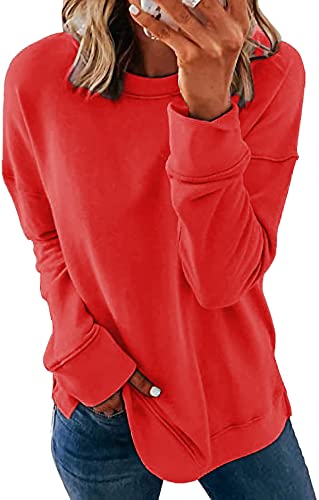 GOLDPKF Herbst Sweatpullover Damen Mode Einfacher Grundstil Damen Einfarbig Lässig Pullover Langarm Sweatshirt Workout Tops Rot XL-48-50 von GOLDPKF