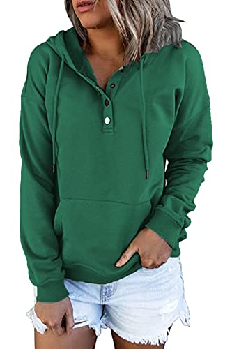 GOLDPKF Hoodie Damen Basic Kapuzenpullover Knopfleiste Pullover V Ausschnitt Sweatshirt Womens Casual Mit Kapuze Grün S von GOLDPKF