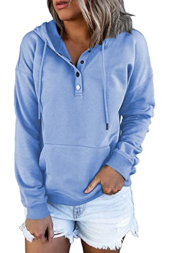GOLDPKF Hoodie Damen Kapuzenpullover Knopfleiste Pullover Langarm V Ausschnitt Sweatshirt mit Kapuze Kordelzug Blau S von GOLDPKF