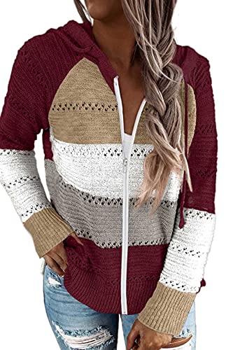 GOLDPKF Hoodie Damen Reißverschluss Strickpullover Damen Langarmshirt Damen Hoodies Hohler Pullover Gestreift Farbanpassung Sweatshirt Hoodie Hoody Damen Rotwein XL 48-50 von GOLDPKF