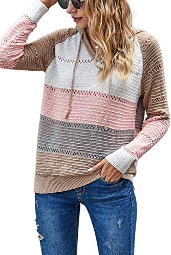 GOLDPKF Hoodies Für Damen Damen Cardigan Farbblock Kapuzenpullover Gestreift Hoodie Entspannt Sweatshirt mit Kapuze Lässiger Hohlpullover Pullover Damen Rosa S 36-38 von GOLDPKF