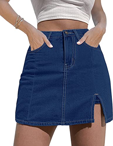 GOLDPKF Jeansrock Damen Kurz Hosenrock Damen Mit Seitenschlitz Jeansrock Mit Knopfleiste Kurze Röcke Damen Jeansrock Curvy Damen Low Waist Jeans Mädchen Dunkelblau L von GOLDPKF